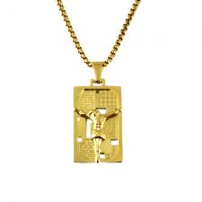 Stainless Steel Gold PVD Pendant w/ Padre Nuestro Prayer & Chain